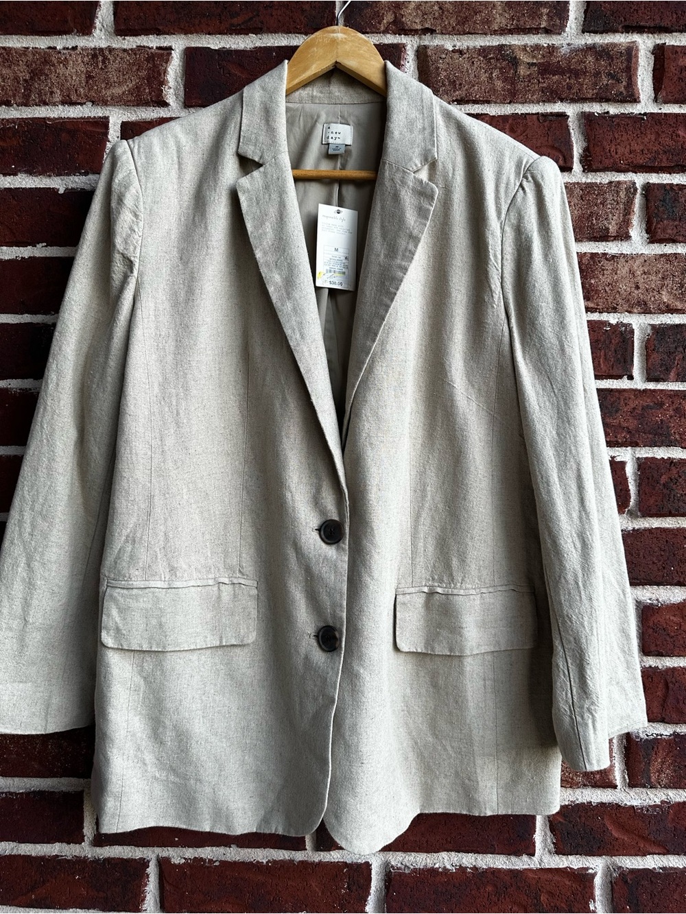 a new day Beige Linen-Blend Blazer with Notch Lapel